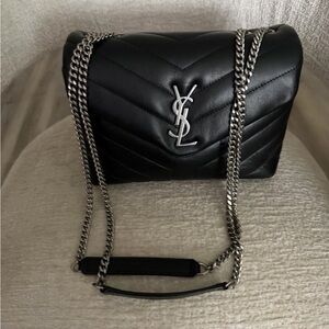 Yves Saint Laurent Black Leather Shoulder Bag with Silver Chain